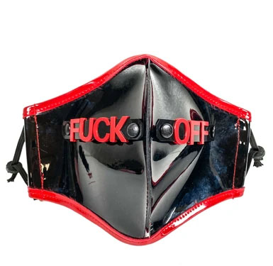 Fuck Off Nameplate on a Black Patent Facemask (Sale price!) by Funk Plus