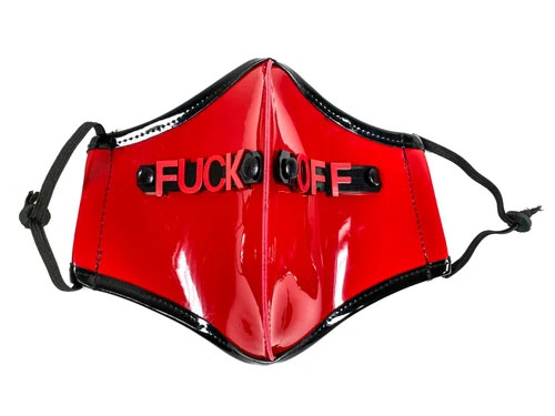 Fuck Off Nameplate on a Red Patent Facemask by Funk Plus (Sale price!)