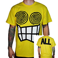All- Face on front, Logo on back on a yellow shirt