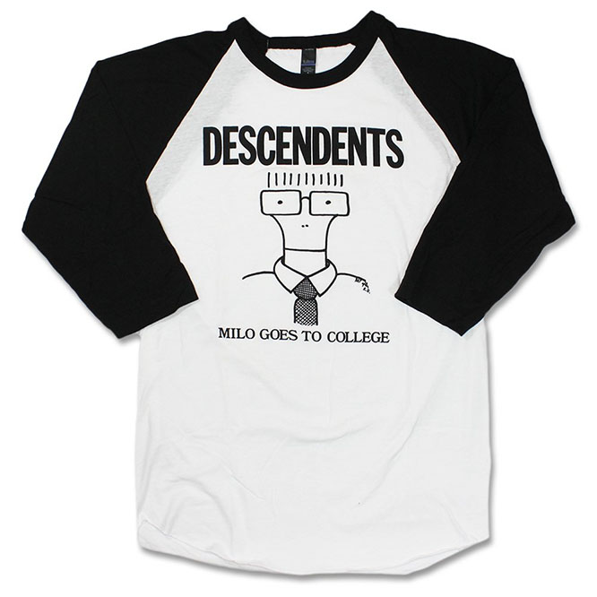 Descendents- Milo Goes To College on a white/black 3/4 sleeve raglan shirt