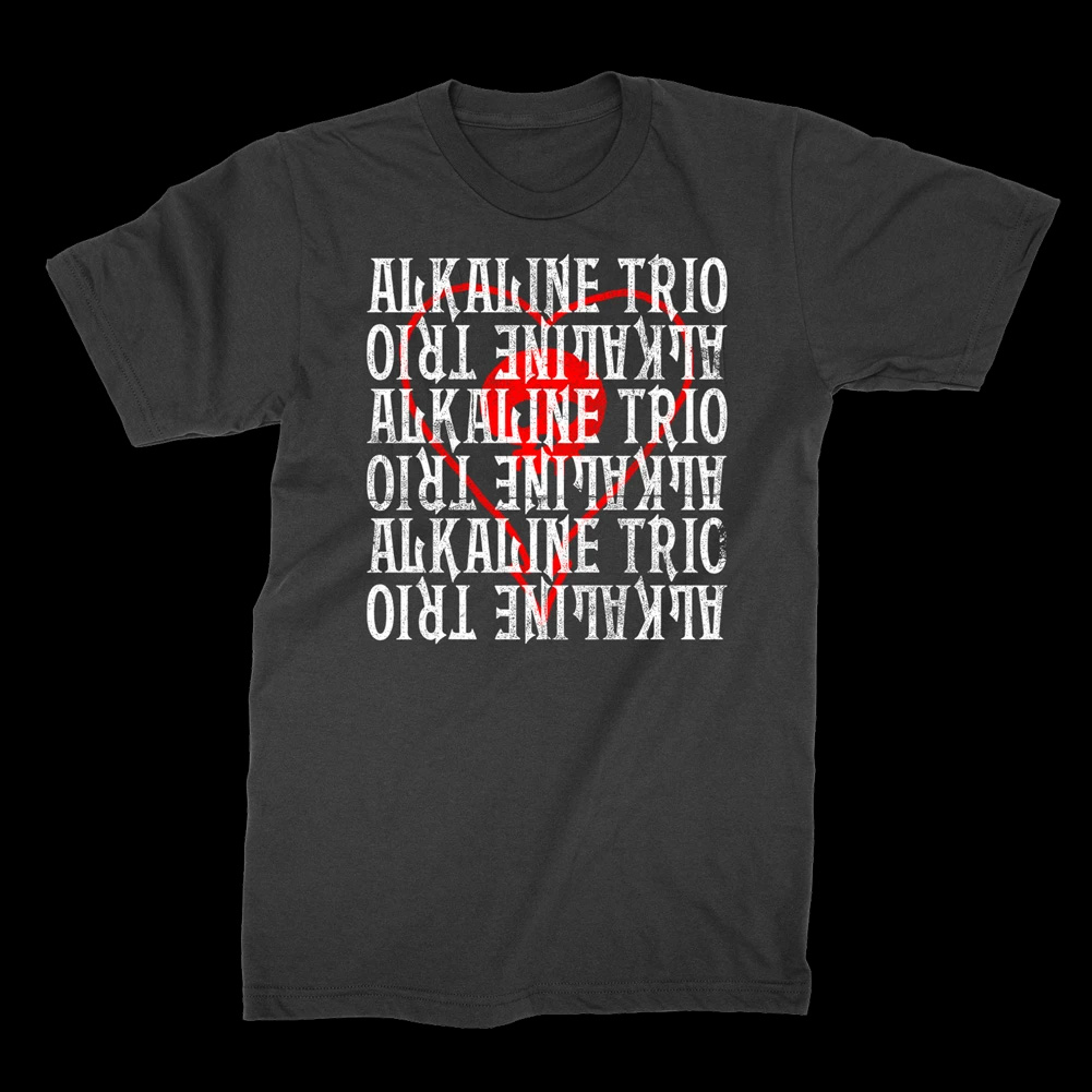 Alkaline Trio- Repeating Logo Over Heartskull on a black ringspun cotton shirt