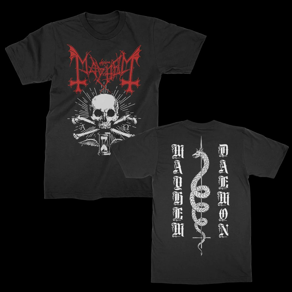 Mayhem- Skull on front, Snake on back on a black shirt