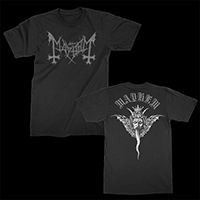 Mayhem- Logo on front, Demon on back on a black shirt