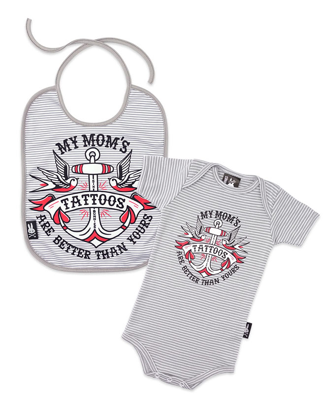 Striped My Mommy's Tattoos Gift Set by Six Bunnies (S:0-3m, M:3-6m, L:6-12m) - Gray & White