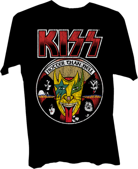 Kiss- Hotter Than Hell (Tongue And Band Pics) on a black shirt