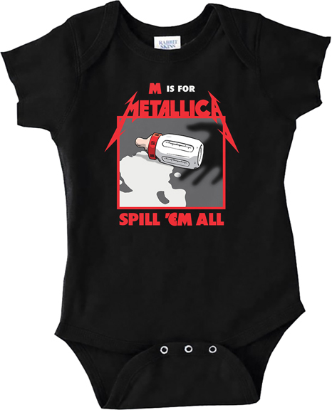 Metallica- M Is For Metallica (Spill 'Em All) on a black onesie