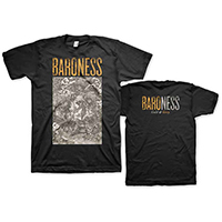 Baroness- Gold & Grey on front & back on a black ringspun cotton shirt