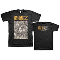 Baroness- Gold & Grey on front & back on a black shirt