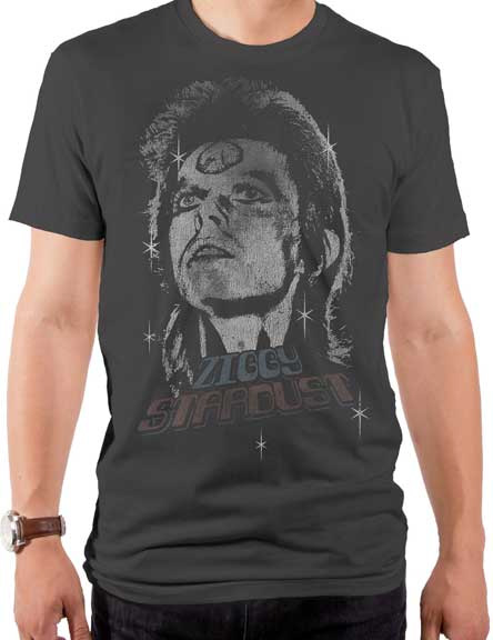 David Bowie- Ziggy Stardust (Face & Stars) on a charcoal ringspun cotton shirt by Goodie Two Sleeves