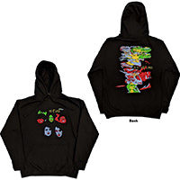 Cure- Faces on front, In Between Days on back on a black hooded sweatshirt