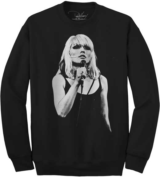 Blondie- Debbie With Mic on a black crew neck sweatshirt by Goodie Two Sleeves
