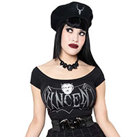 Vincent Price Devil Bat Off the Shoulder Black Girls Fitted Shirt by Kreepsville 666 - SALE M only