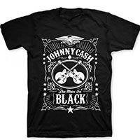 Johnny Cash- The Man In Black (Crossed Guitars) on a black shirt