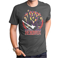 Jimi Hendrix- Stars & 3 Pics on a charcoal ringspun cotton shirt by Goodie Two Sleeves