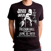 Janis Joplin- Freedom Hall 1970 (White Print) on a black ringspun cotton shirt by Goodie Two Sleeves