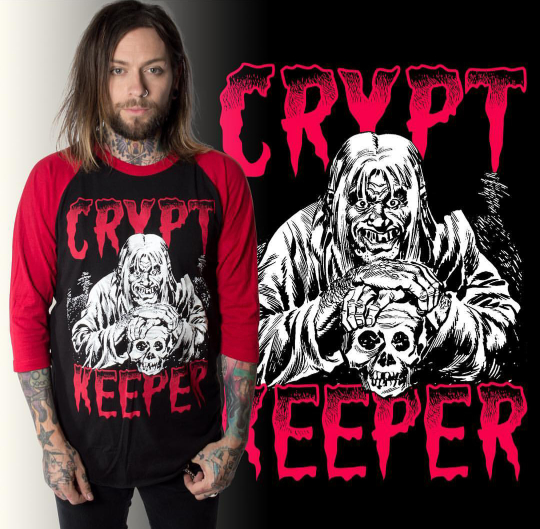 Tales From The Crypt -Crypt Keeper on a black body raglan guys shirt with  3/4 red arms by Kreepsville 666 - glows in the dark - SALE