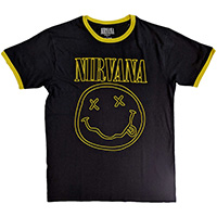 Nirvana- Happy Face on a black/yellow ringer shirt