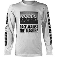Rage Against The Machine- Nuns With Guns on front, Symbol on back, Logos on sleeves on a white long sleeve shirt 