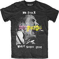 Sex Pistols- We Stock Sex Pistols Whilst Stocks Exists on a black ringspun cotton shirt