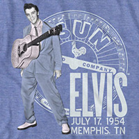 Elvis Presley- Sun Records July 17, 1954 on a light blue heather ringspun cotton shirt