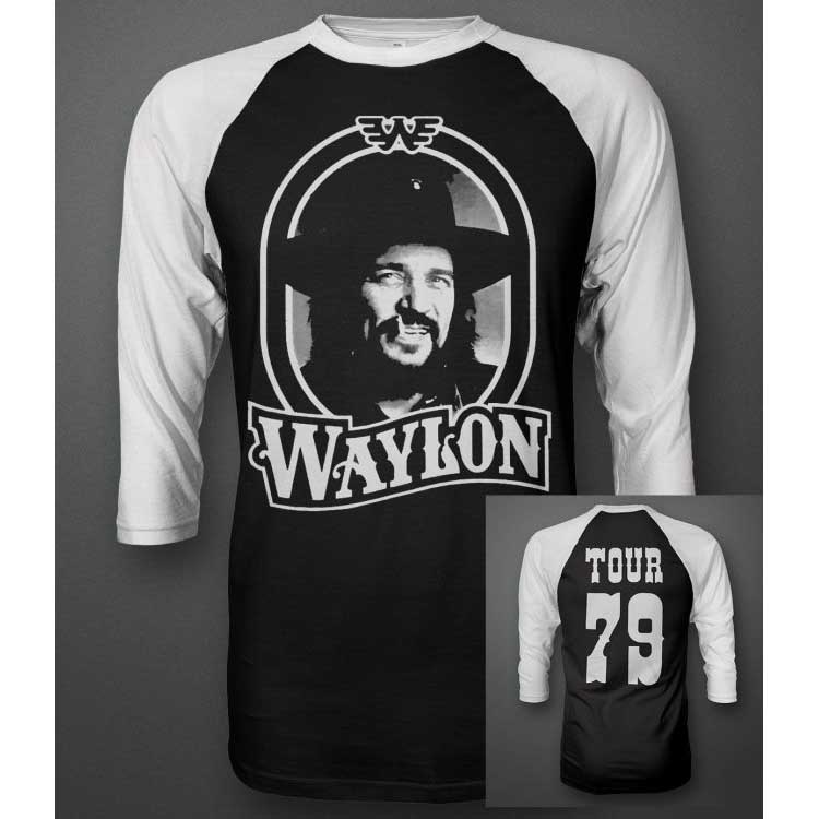 Waylon Jennings- Pic on front, Tour 79 on back on a black body/white 3/4 Sleeve Raglan Shirt