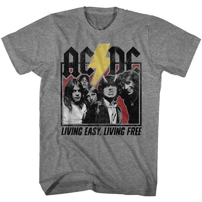 AC/DC- Living Easy, Living Free on a heather grey ringspun cotton shirt