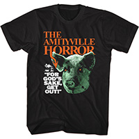 Amityville Horror- For God's Sake, Get Out! on a black ringspun cotton shirt
