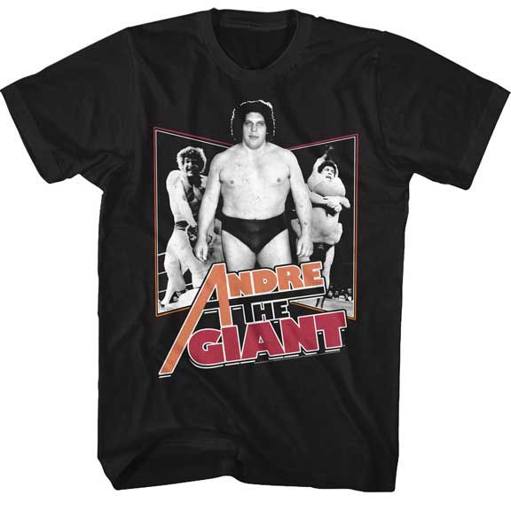 Andre The Giant- 3 Pics on a black ringspun cotton shirt