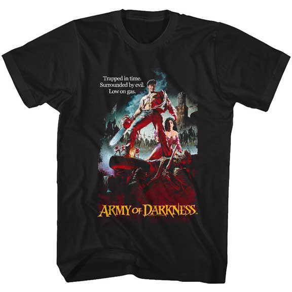 Army Of Darkness- Trapped In Time (Ash With Chainsaw) on a black ringspun cotton shirt
