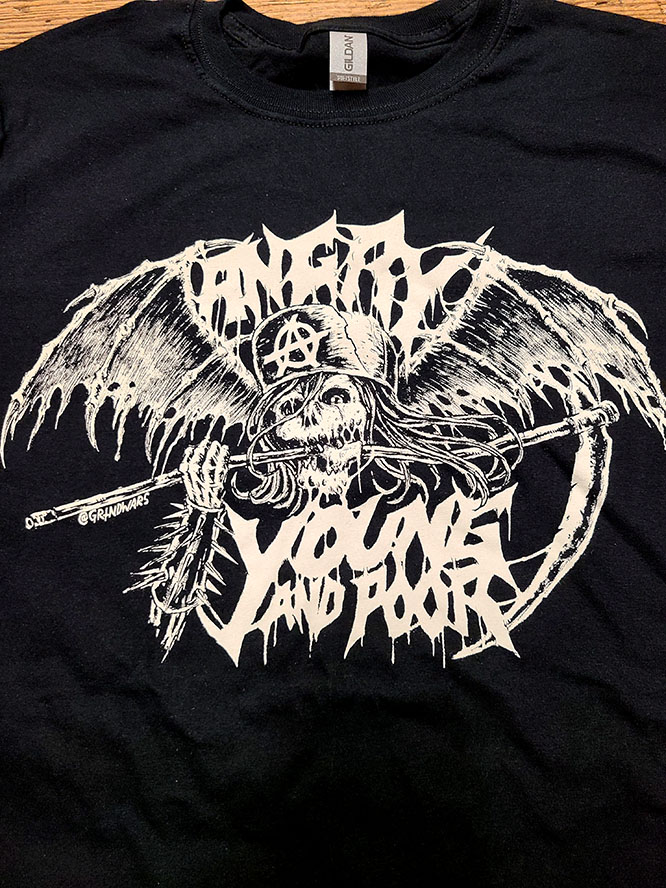 Angry Young And Poor- Bat Reaper on a black ringspun cotton shirt