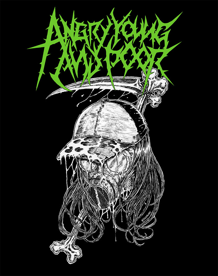 Angry Young And Poor- Apocalypse Gas Mask Reaper on a black ringspun cotton shirt