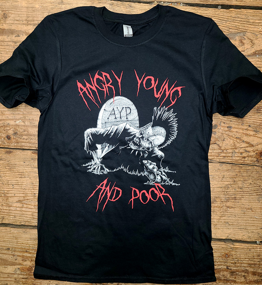 Angry Young And Poor- Zombie on a black ringspun cotton shirt