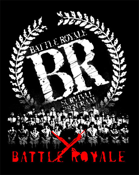 Battle Royale- Survival Program (White & Red Print) on a black shirt