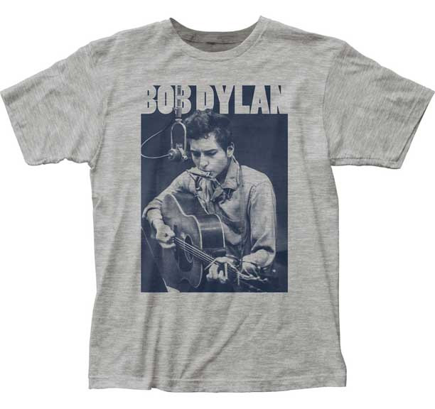 Bob Dylan- Harmonica on a heather grey ringspun cotton shirt