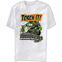 Rat Fink- Torch It! on front, Ed Big Daddy Roth on back on a white shirt