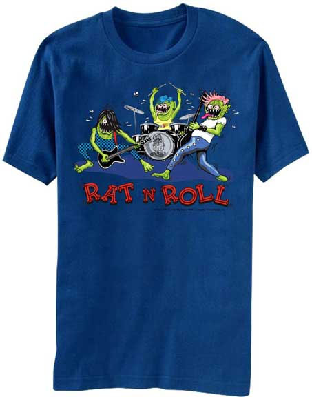 Rat Fink- Rat N Roll on front, Ed Big Daddy Roth on back on a royal blue shirt (Sale price!)