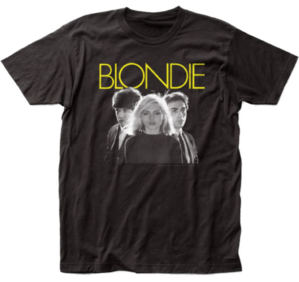 Blondie- Yellow Logo And Band Pic on a black ringspun cotton shirt