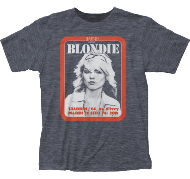 Blondie- Stadium Flyer on a heather navy ringspun cotton shirt