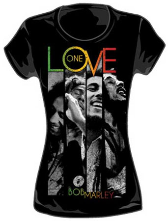 Bob Marley- One Love Stripe Pics on a black girls fitted shirt (Sale price!)