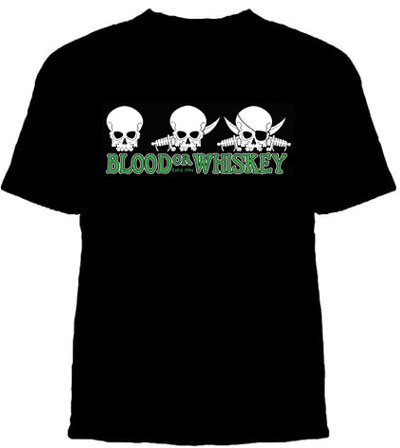 Blood Or Whiskey- 3 Skulls on a black shirt (Sale price!)