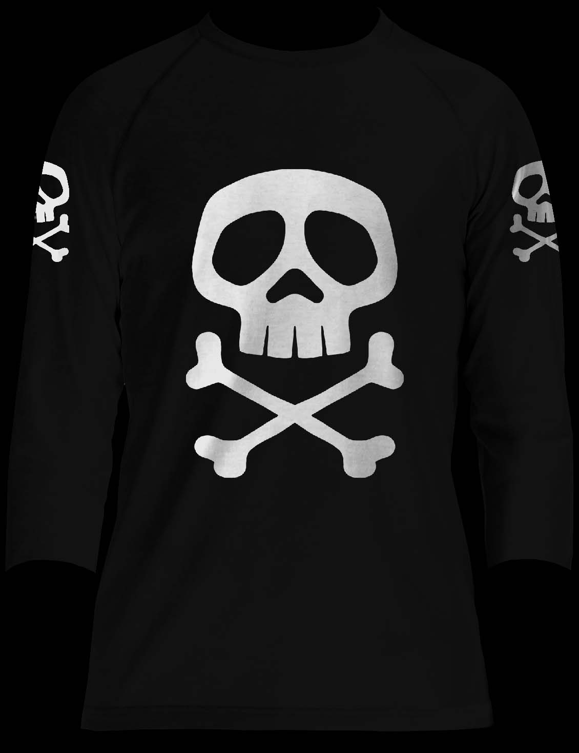Captain Harlock Skull And Crossbones on front & sleeves on a heather black long sleeve raglan shirt