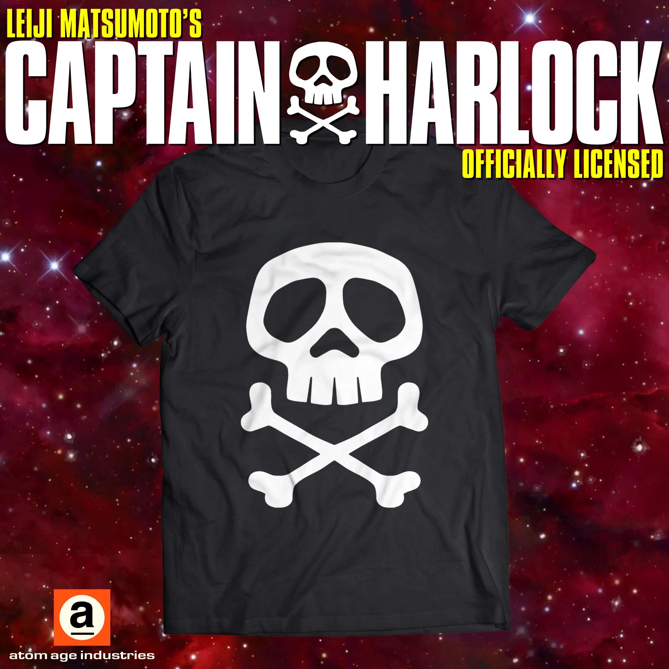 Captain Harlock Skull And Crossbones on front & sleeves on a black ringspun cotton shirt