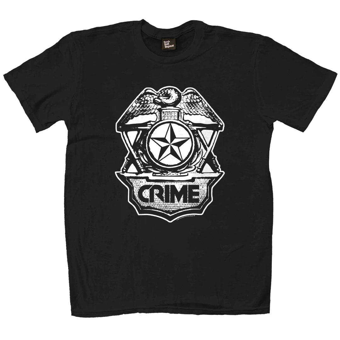 Crime- Badge on a black ringspun cotton shirt by Rock Roll Repeat 