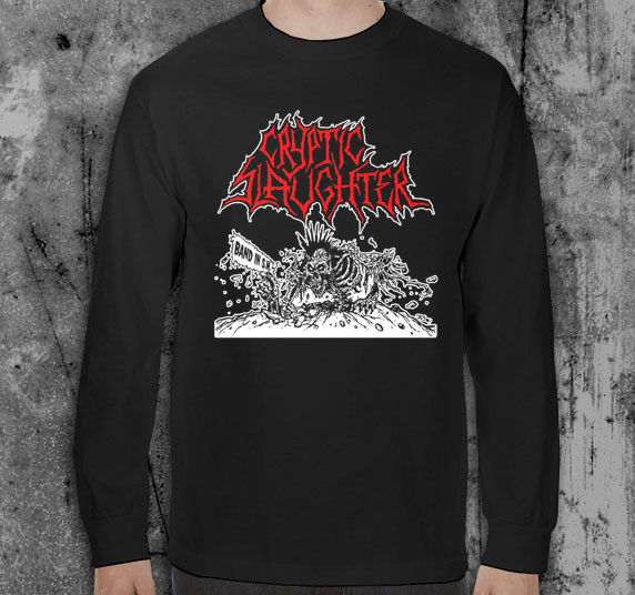 Cryptic Slaughter- Band In SM on a black LONG SLEEVE shirt