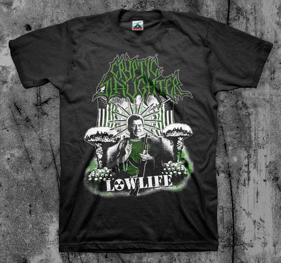 Cryptic Slaughter- Low Life (Reagan Edition) on a black shirt