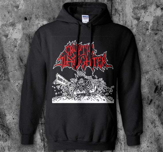Cryptic Slaughter- Band In SM on a black hooded sweatshirt