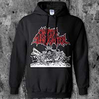 Cryptic Slaughter- Band In SM on a black hooded sweatshirt
