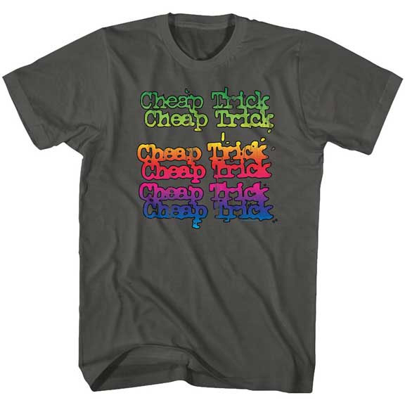Cheap Trick- Repeating Rainbow Logo on a charcoal ringspun cotton shirt