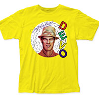 Devo- Are We Not Men? on a yellow ringspun cotton shirt