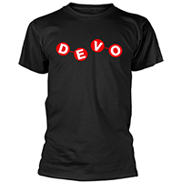 Devo- Red Atomic Logo on front, Through Being Cool on back on a black ringspun cotton shirt (Sale price!)